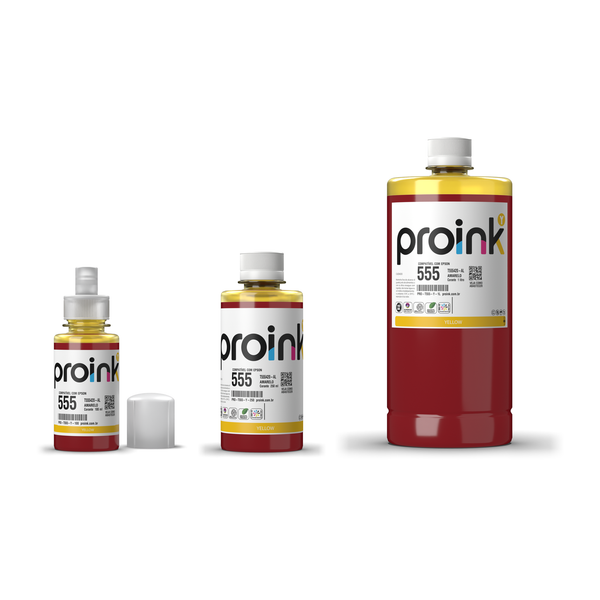 Tinta Proink amarela T555 nos tamanhos 100 ml, 250 ml e 1 litro