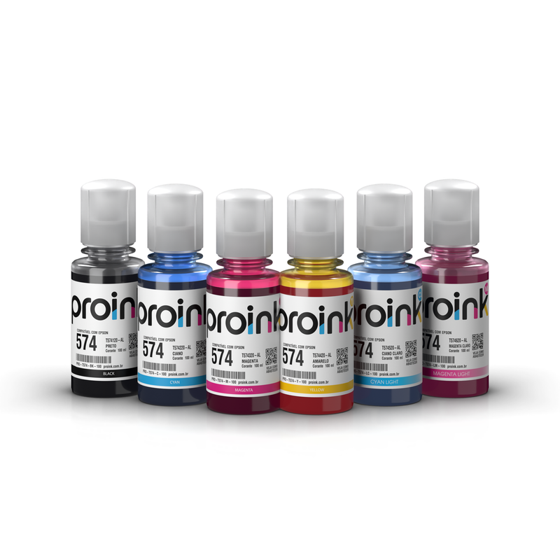 Kit de tintas Proink nas 6 cores, 100 ml com bico EcoFit, compatível com Epson T574