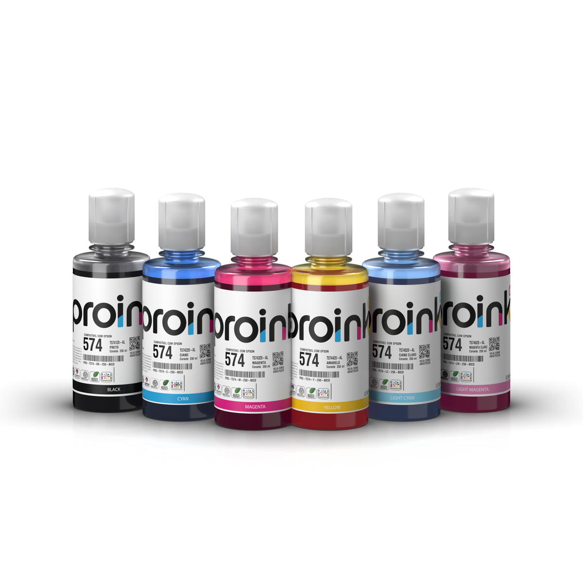 Kit de tintas Proink nas 6 cores, 250 ml com bico EcoFit, compatível com Epson T574