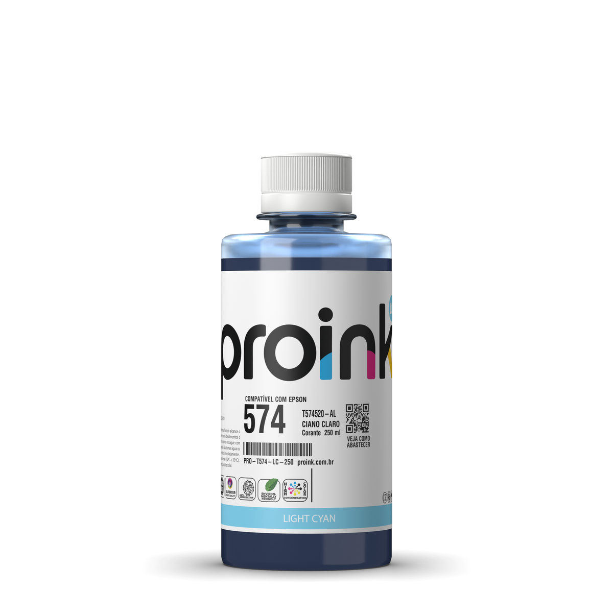 Tinta Proink ciano claro 250 ml com tampa de rosca, compatível com Epson T574
