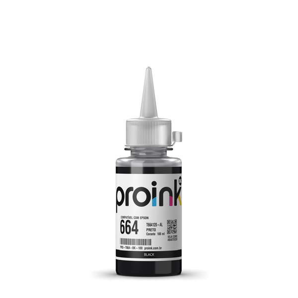 Tinta Proink preta 100 ml com bico WideFill, compatível com Epson T664