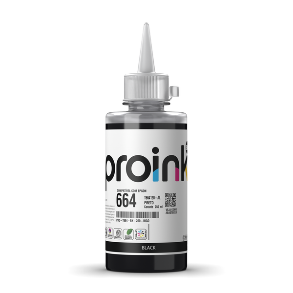 Tinta Proink preta 250 ml com bico WideFill, compatível com Epson T664