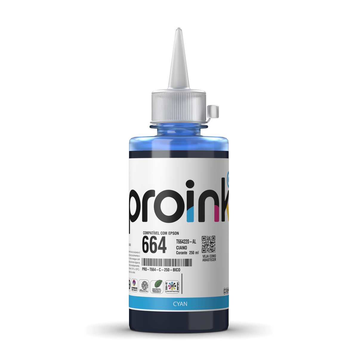 Tinta Proink ciano 250 ml com bico WideFill, compatível com Epson T664