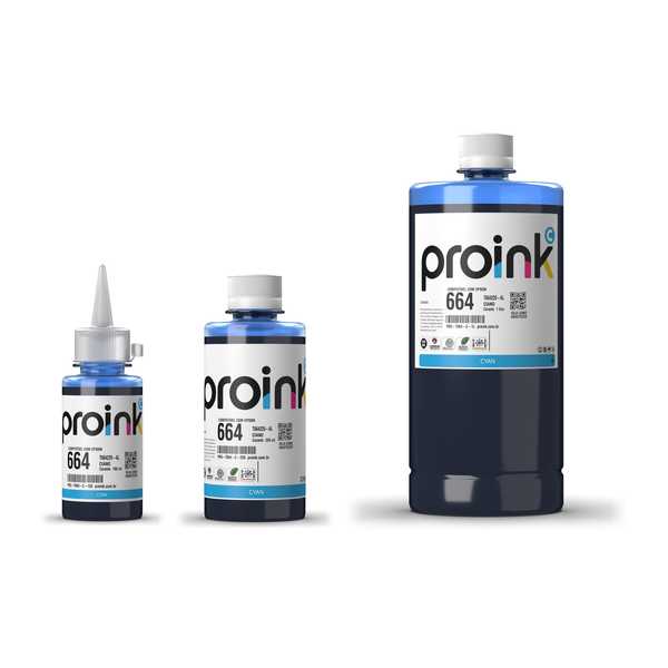 Tinta Proink ciano T664 nos tamanhos 100 ml, 250 ml e 1 litro