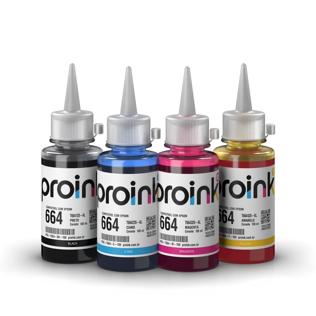 Kit de tintas Proink nas 4 cores, 100 ml com bico WideFill, compatível com Epson T664