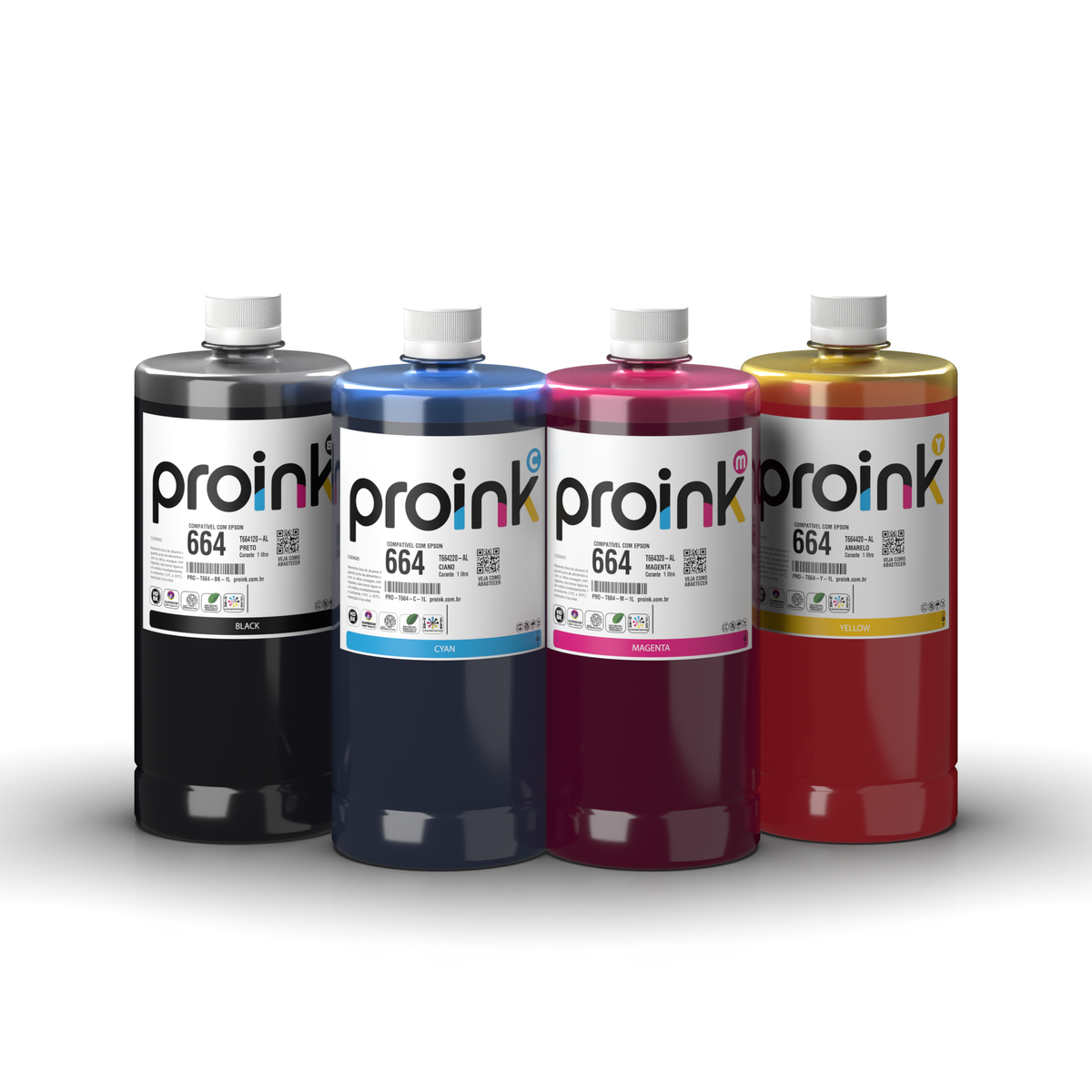 Kit de tintas Proink nas 4 cores, 1 litro com tampa de rosca, compatível com Epson T664