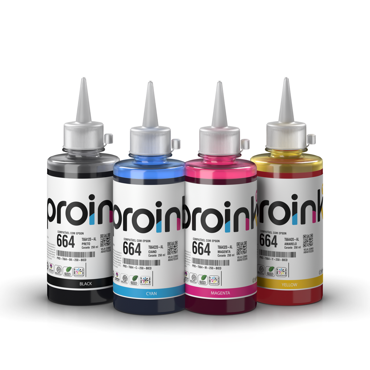 Kit de tintas Proink nas 4 cores, 250 ml com bico WideFill, compatível com Epson T664