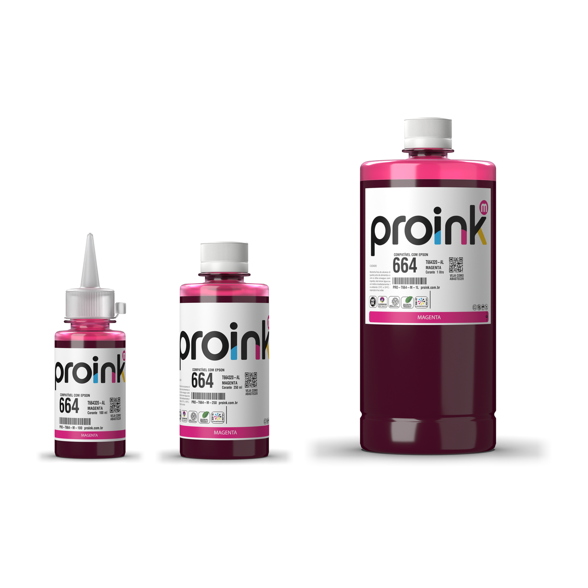 Tinta Proink magenta T664 nos tamanhos 100 ml, 250 ml e 1 litro