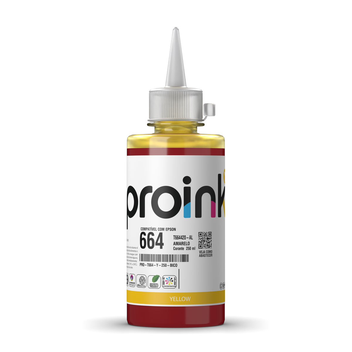 Tinta Proink amarela 250 ml com bico WideFill, compatível com Epson T664