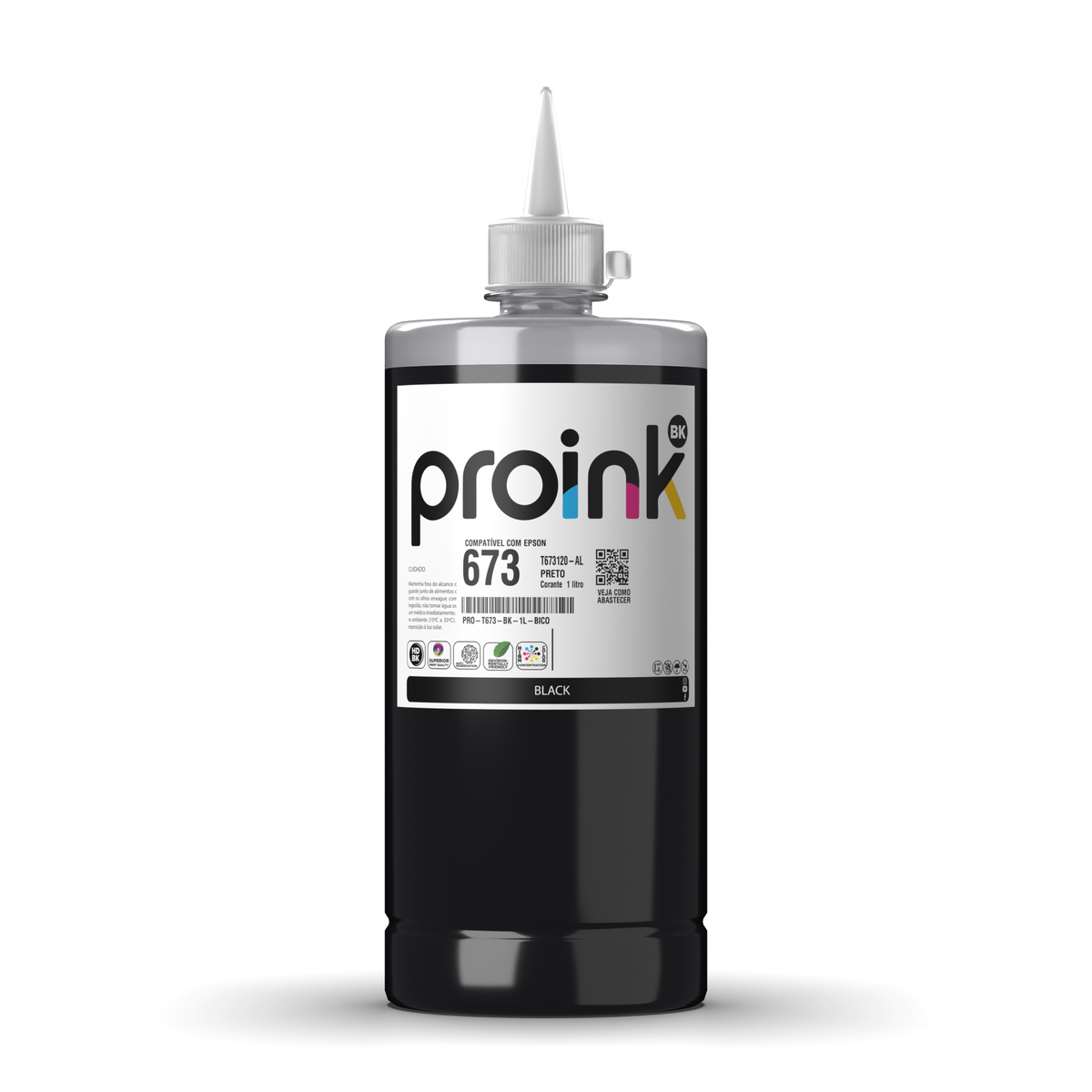 Tinta Proink preta 1 litro com bico WideFill, compatível com Epson T673