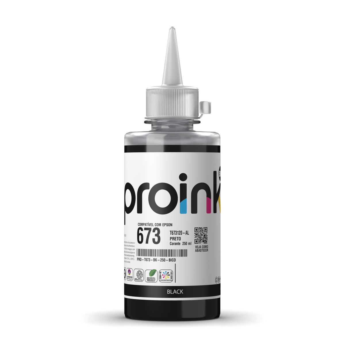 Tinta Proink preta 250 ml com bico WideFill, compatível com Epson T673