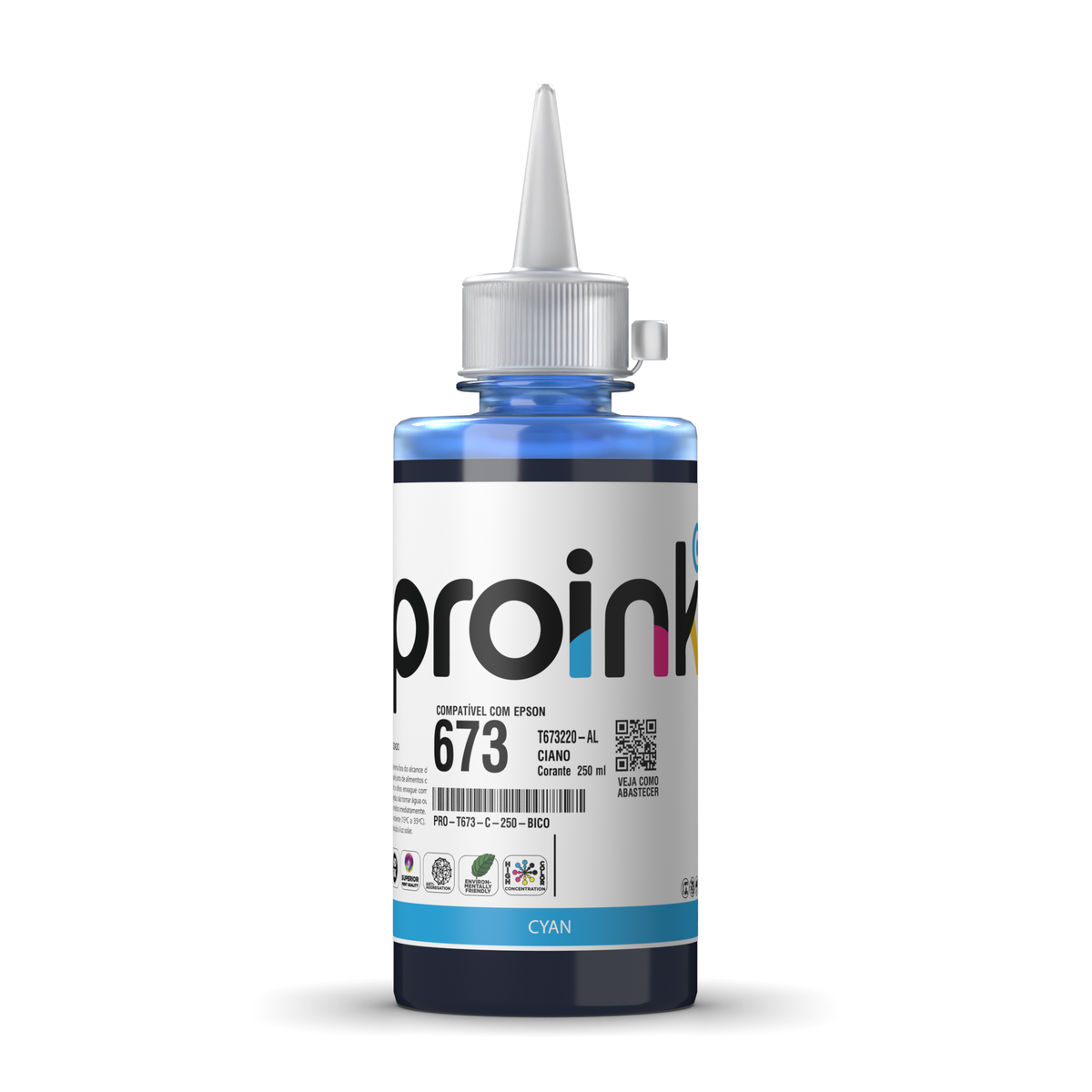 Tinta Proink ciano 250 ml com bico WideFill, compatível com Epson T673