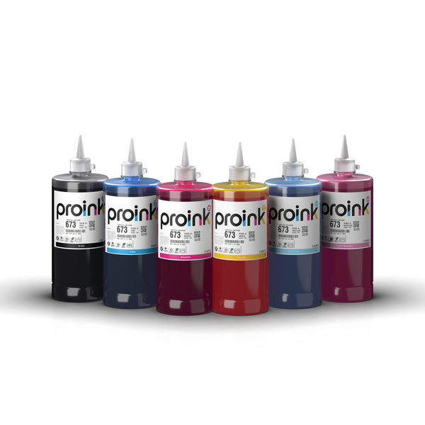 Kit de tintas Proink nas 6 cores, 1 litro com bico WideFill, compatível com Epson T673