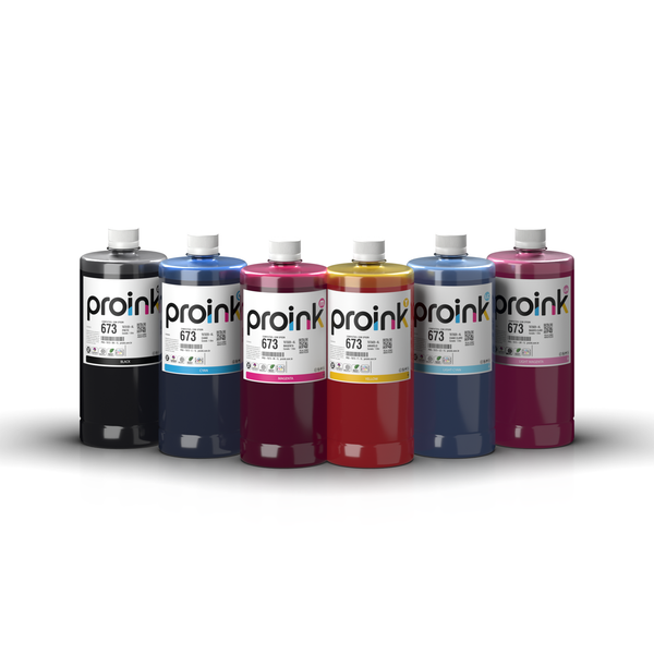 Kit de tintas Proink nas 6 cores, 1 litro com tampa de rosca, compatível com Epson T673