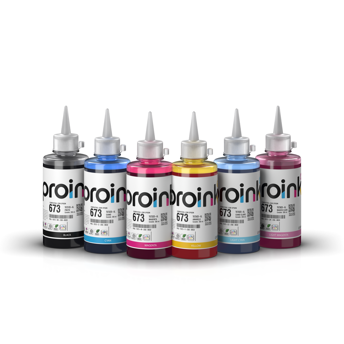 Kit de tintas Proink nas 6 cores, 250 ml com bico WideFill, compatível com Epson T673