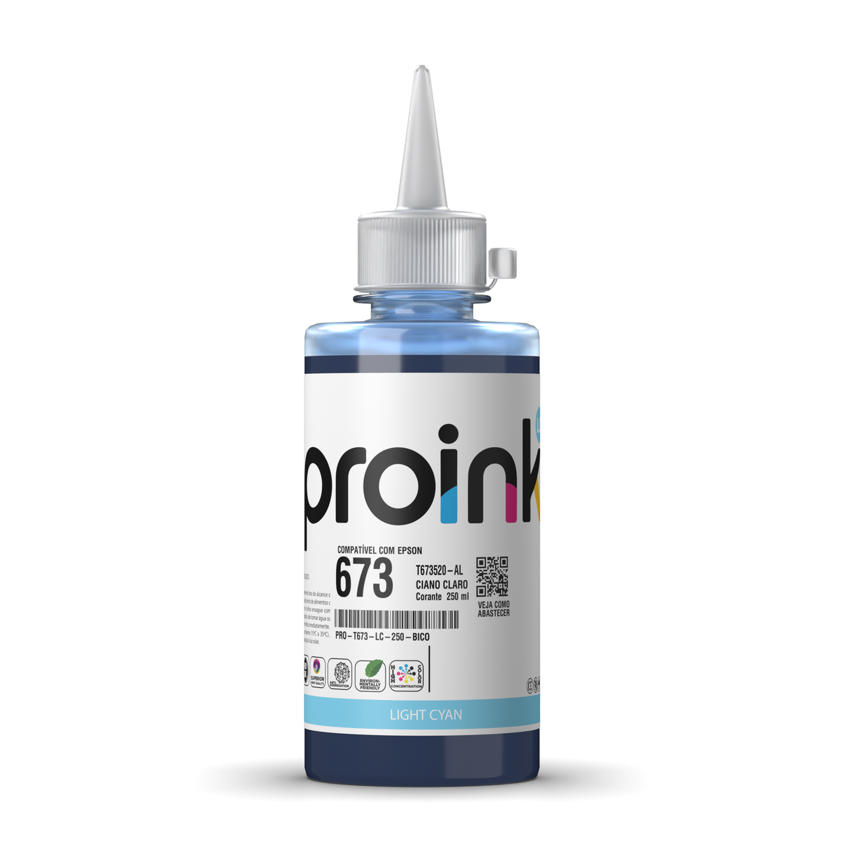 Tinta Proink ciano claro 250 ml com bico WideFill, compatível com Epson T673