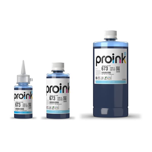 Tinta Proink ciano claro T673 nos tamanhos 100 ml, 250 ml e 1 litro