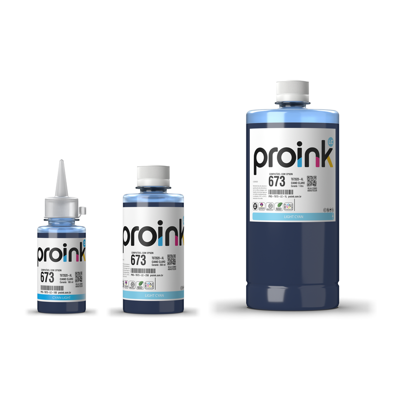 Tinta Proink ciano claro T673 nos tamanhos 100 ml, 250 ml e 1 litro