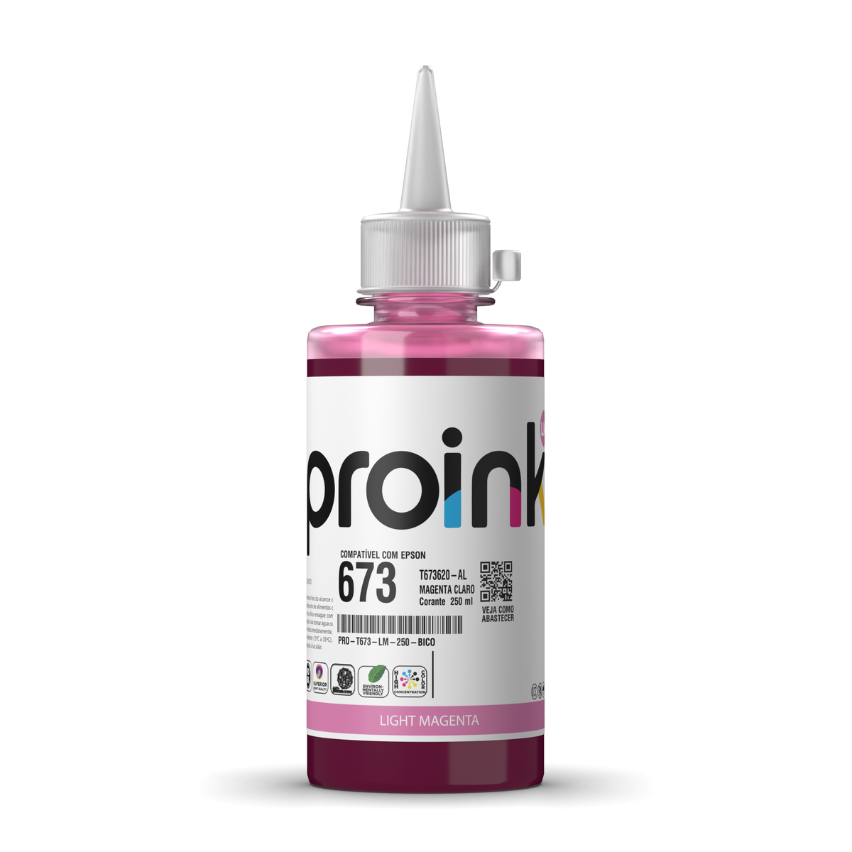 Tinta Proink magenta claro 250 ml com bico WideFill, compatível com Epson T673