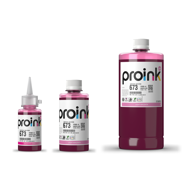 Tinta Proink magenta claro T673 nos tamanhos 100 ml, 250 ml e 1 litro