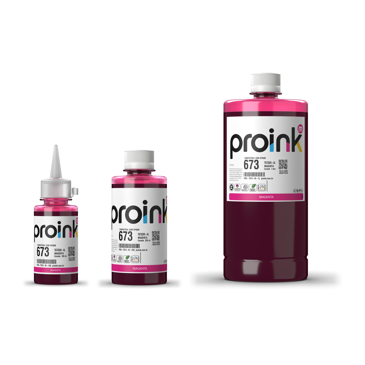 Tinta Proink magenta T673 nos tamanhos 100 ml, 250 ml e 1 litro