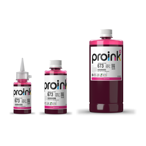 Tinta Proink magenta T673 nos tamanhos 100 ml, 250 ml e 1 litro