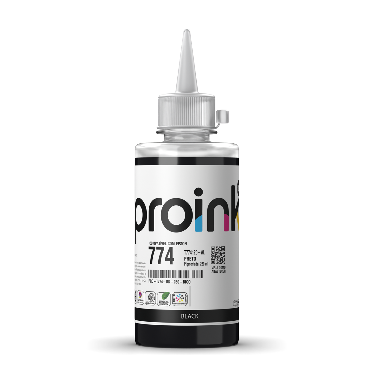 Tinta Proink preta 250 ml com bico WideFill, compatível com Epson T774