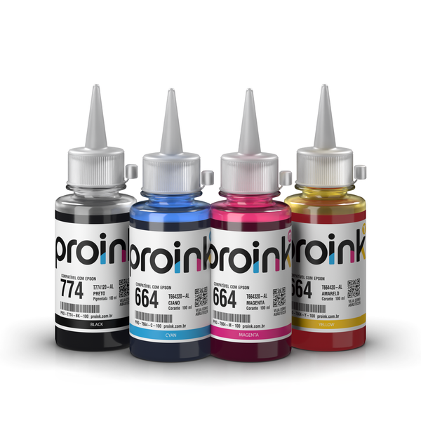 Kit de tintas Proink nas 4 cores, 100 ml com bico WideFill, compatível com Epson T774 + T664