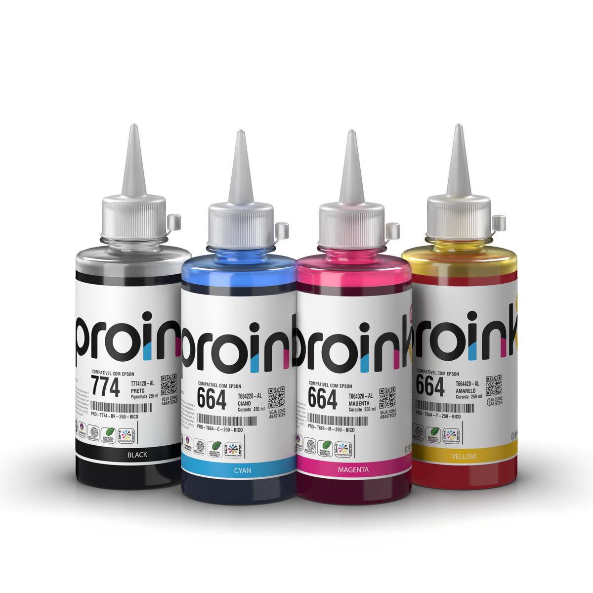 Kit de tintas Proink nas 4 cores, 250 ml com bico WideFill, compatível com Epson T774 + T664