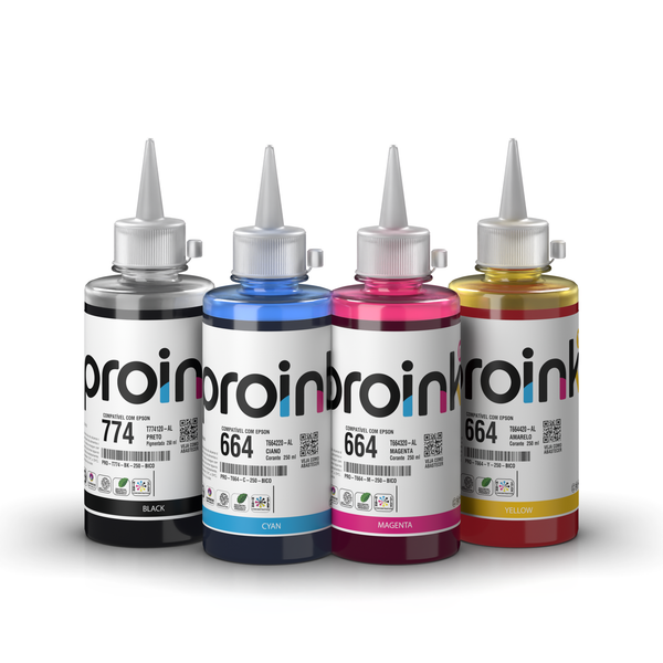 Kit de tintas Proink nas 4 cores, 250 ml com bico WideFill, compatível com Epson T774 + T664
