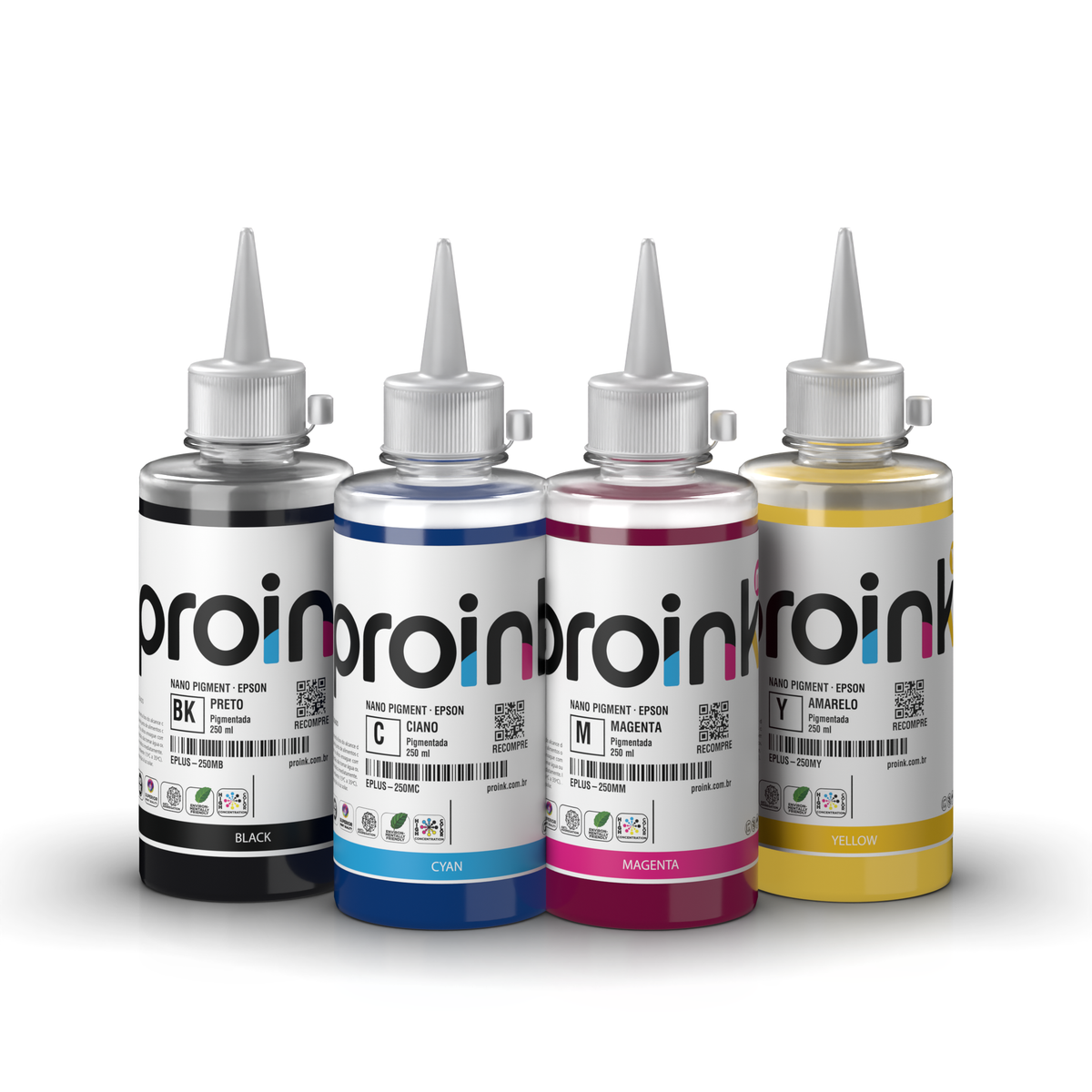 Kit Tinta Epson Pigmentada NANO PIGMENT Proink com 4 garrafas de 250 ml com bico WideFill: preto, ciano, magenta e amarelo (WIDE28-EPLUS-250)