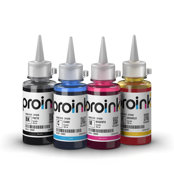 Kit Tinta Epson Corante NANO DYE Proink com 4 frascos de 100 ml e bico WideFill: preto, ciano, magenta e amarelo (WIDE28-KIT-100)