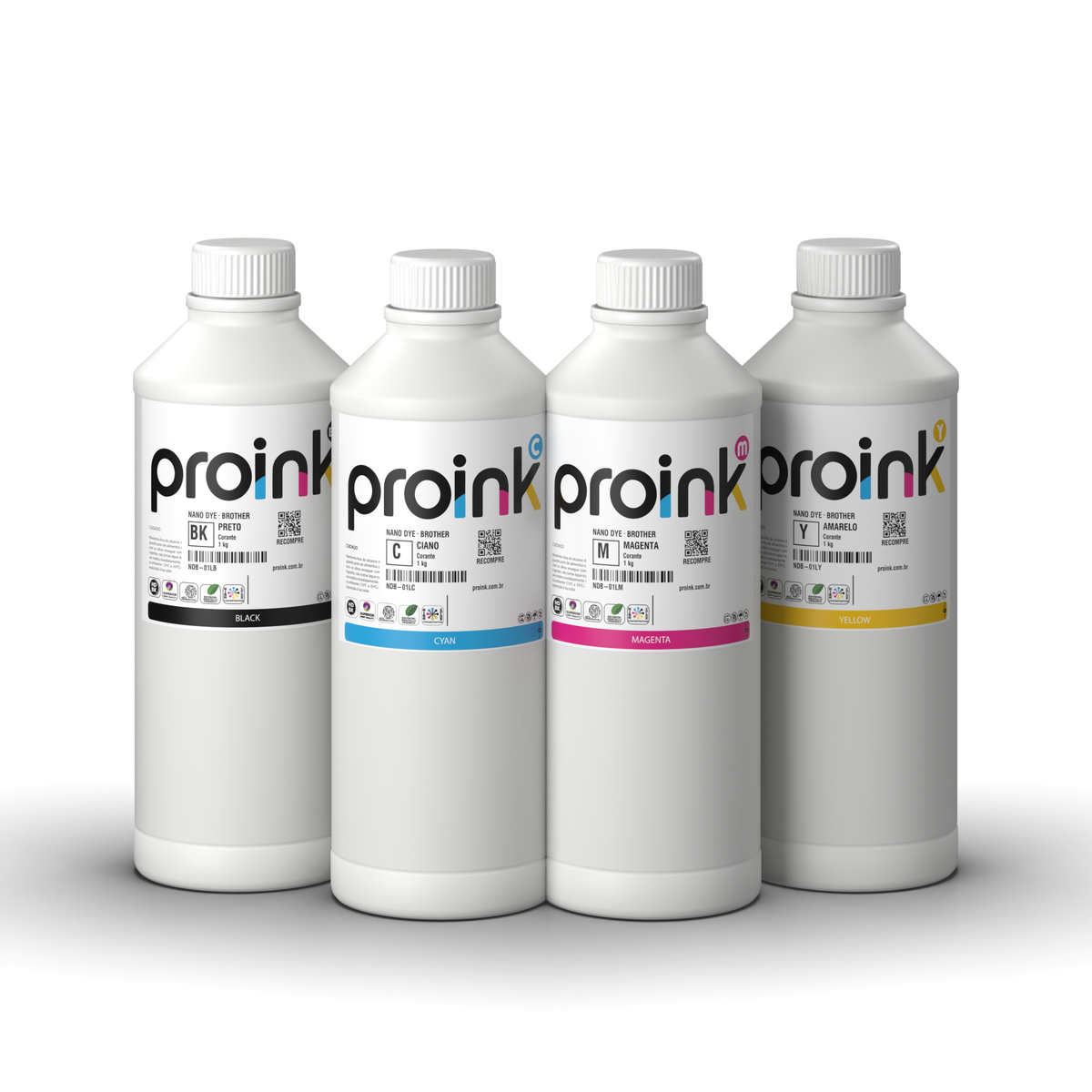 Kit Tinta Brother Corante NANO DYE Proink com 4 garrafas de 1 kg: preto, ciano, magenta e amarelo (KIT-NDB)