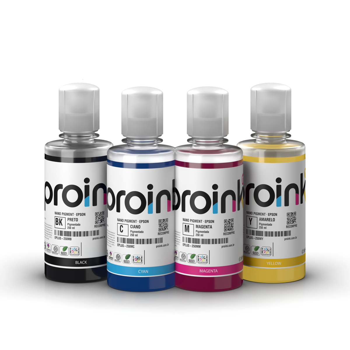 Kit Tinta Epson Pigmentada NANO PIGMENT Proink com 4 garrafas de 250 ml com bico EcoFit: preto, ciano, magenta e amarelo (AG028-EPLUS-250)