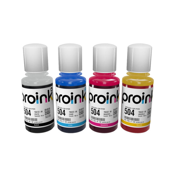Kit com as 4 garrafas de tinta Proink de 100 ml com bico EcoFit em 3D