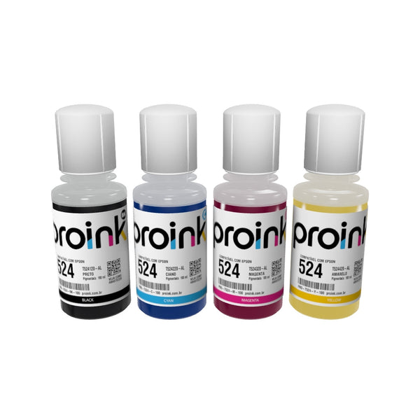Kit com as 4 garrafas de tinta Proink de 100 ml com bico EcoFit em 3D