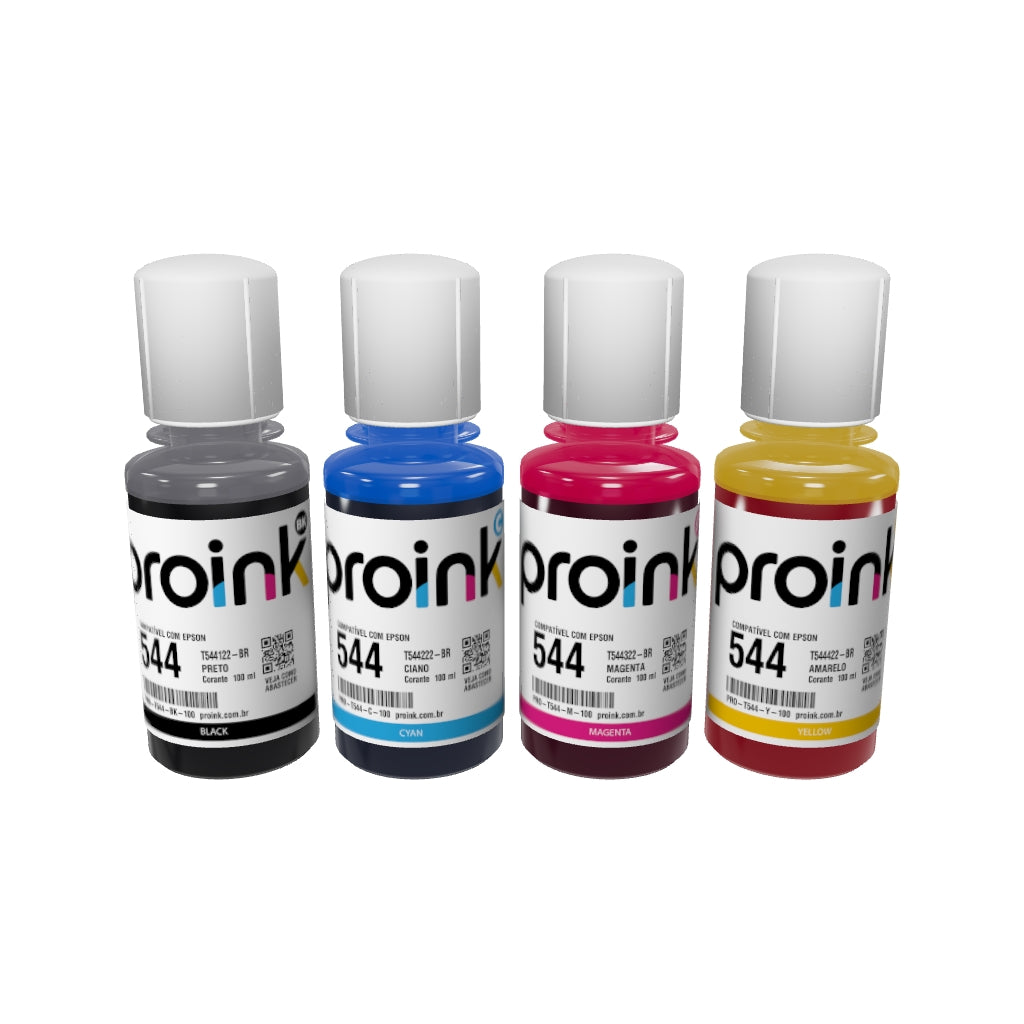 Kit com as 4 garrafas de tinta Proink de 100 ml com bico EcoFit em 3D