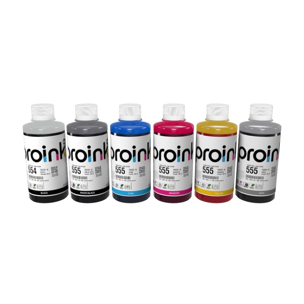 Kit com as 6 garrafas de tinta Proink de 250 ml em 3D