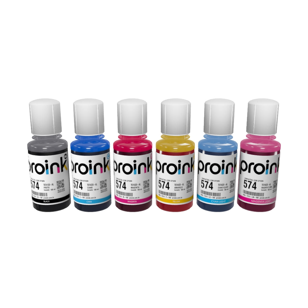 Kit com as 6 garrafas de tinta Proink de 100 ml com bico EcoFit em 3D