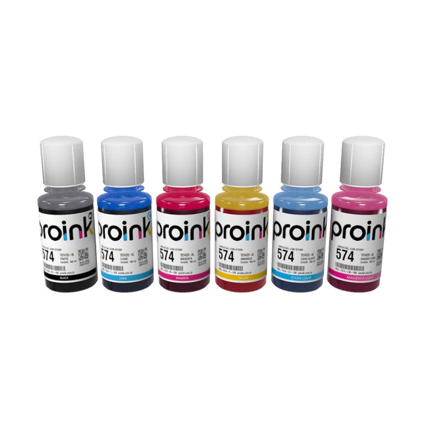 Kit com as 6 garrafas de tinta Proink de 100 ml com bico EcoFit em 3D