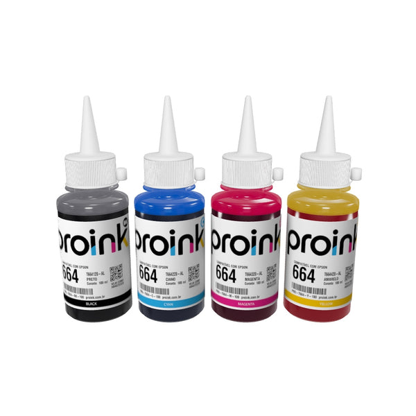 Kit com as 4 garrafas de tinta Proink de 100 ml com bico WideFill em 3D