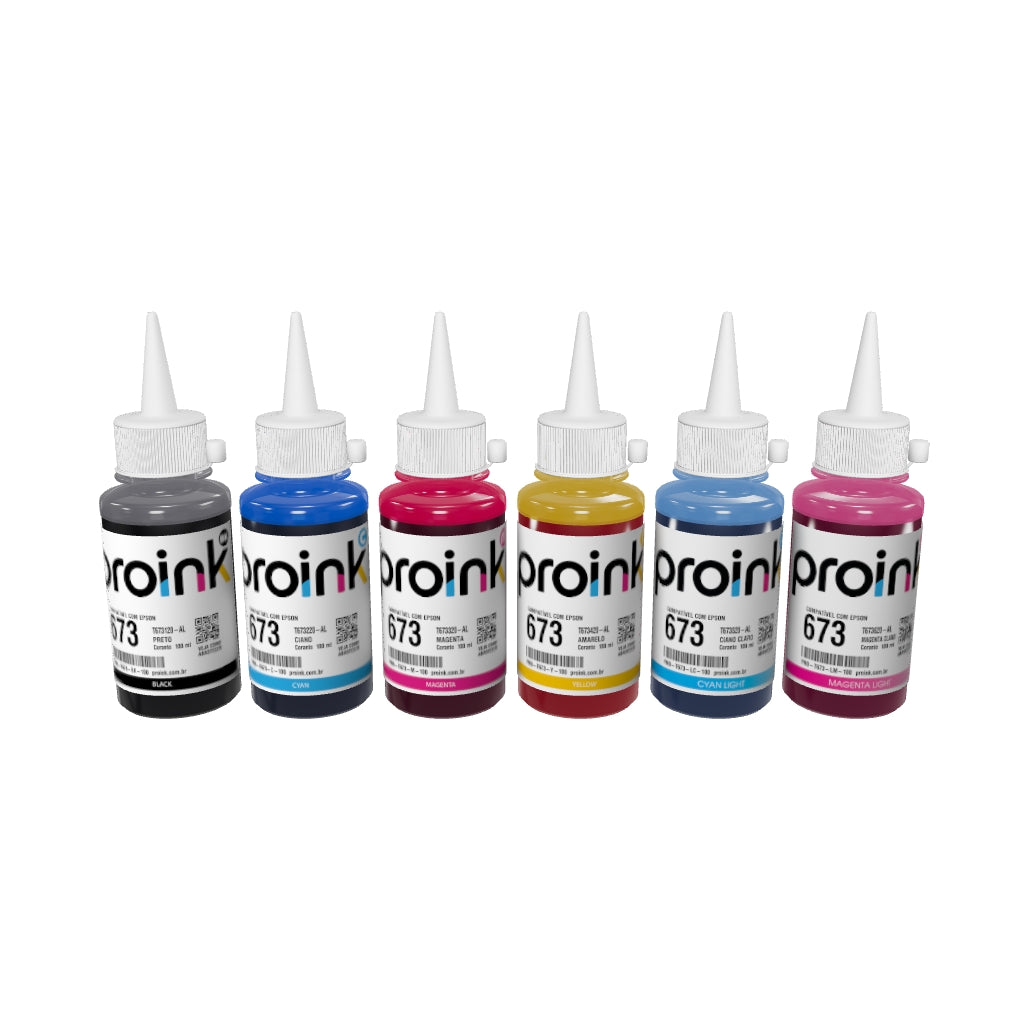 Kit com as 6 garrafas de tinta Proink de 100 ml com bico WideFill em 3D