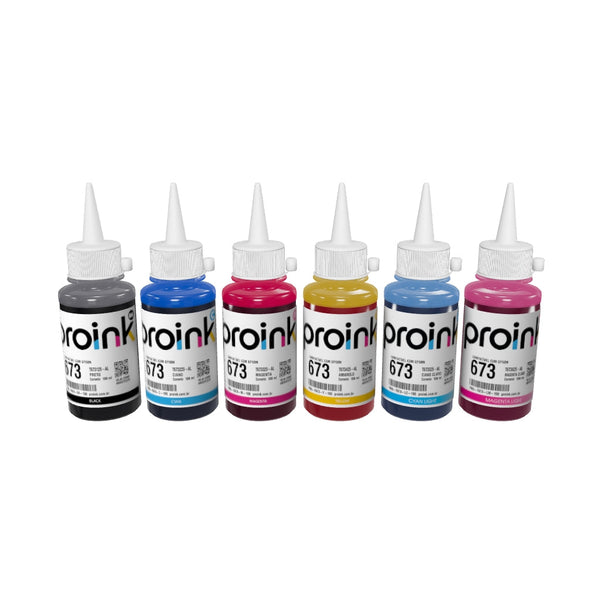 Kit com as 6 garrafas de tinta Proink de 100 ml com bico WideFill em 3D