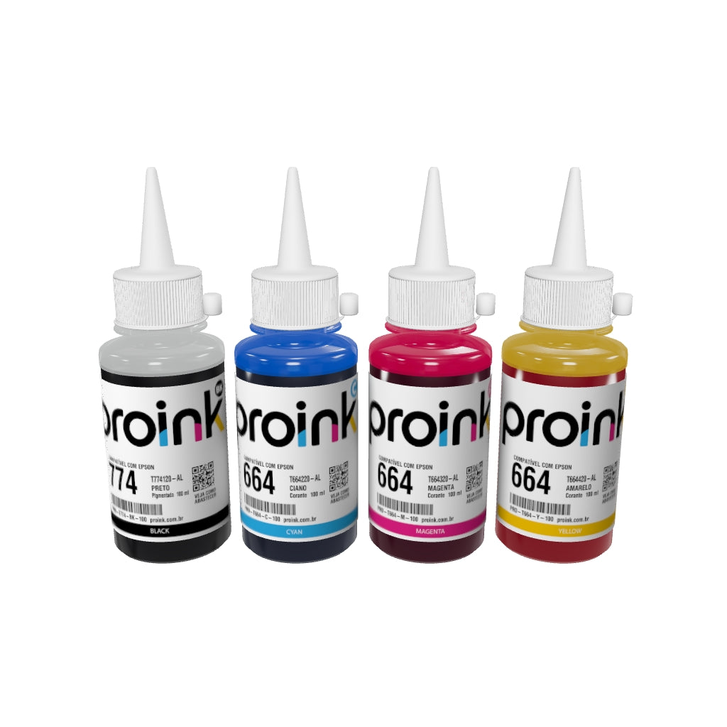 Kit com as 4 garrafas de tinta Proink de 100 ml com bico WideFill em 3D