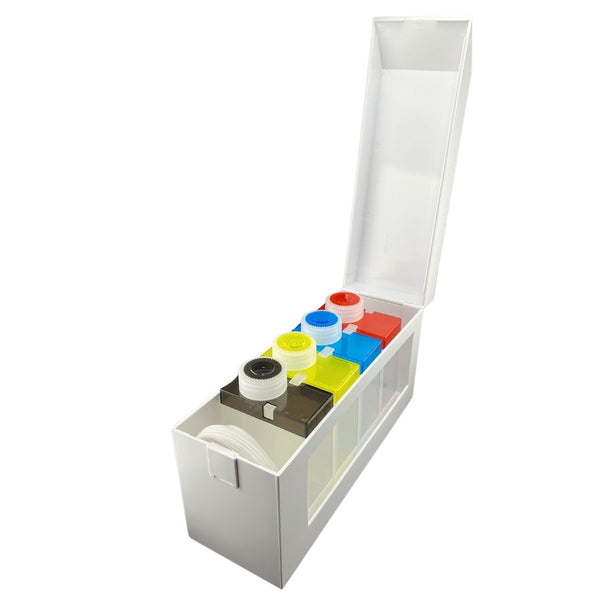 Reservatório Smart 250 ml branco aberto, com as tampas coloridas