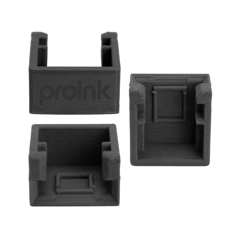 Suporte do chip da caixa de manutenção Epson, peça plástica preta com a marca Proink, vista de três ângulos